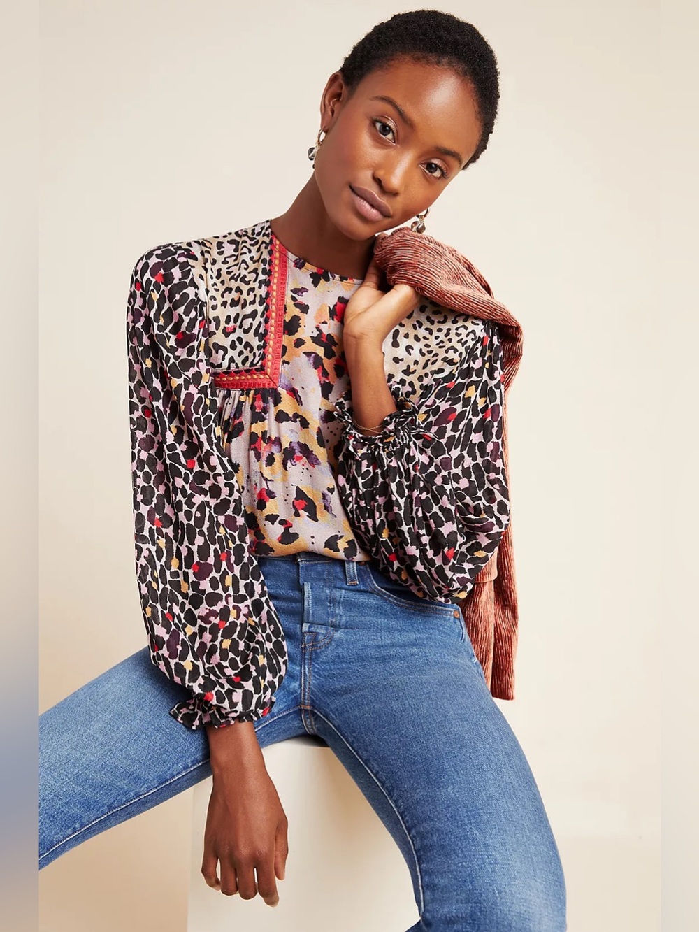 Anthropologie Bl^nk London Joelle Leopard Peasant Blouse XS Multicolor Embroider